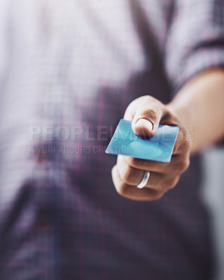 Buy stock photo Man, hand and credit card for ecommerce, payment or checkout and purchase at retail store. Closeup of male person, hands or customer showing debit for online shopping, transaction or banking to pay