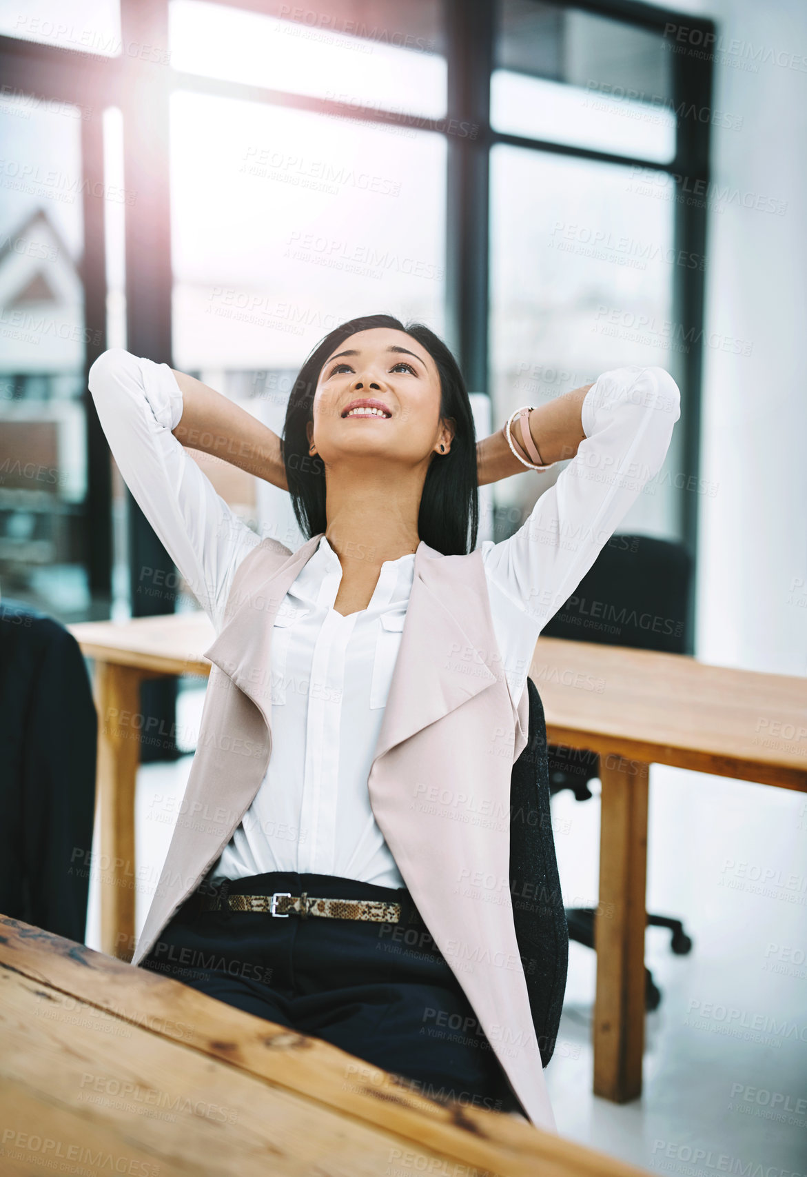 Buy stock photo Business woman, relax and break at office with vision for peace, stress relief or thinking in free time. Female person or happy employee with smile, stretching or rest in wonder, freedom or workplace