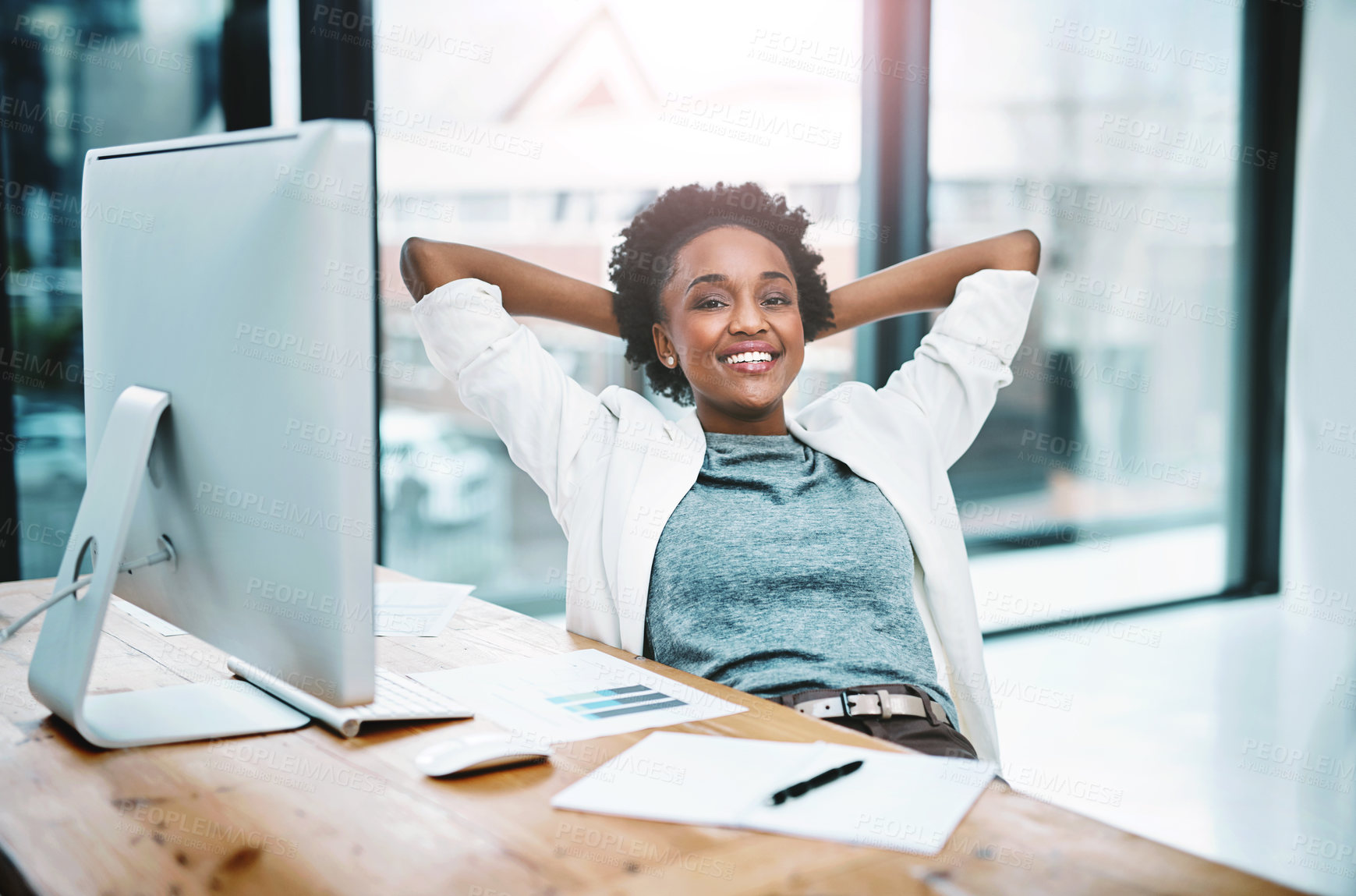 Buy stock photo African woman, relax and stretching at office desk for confidence and happy with graphs, stats and results. Portrait of public relations worker on computer with business charts and startup increase