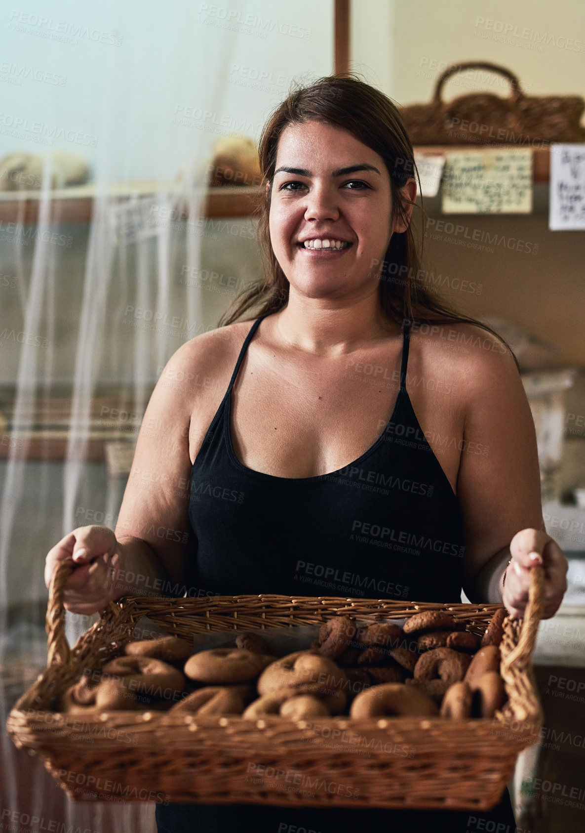 Buy stock photo Bakery, donut and portrait of woman in store for small business, entrepreneur and restaurant. Coffee shop manager, barista and waitress with person in cafe for food service, server and hospitality