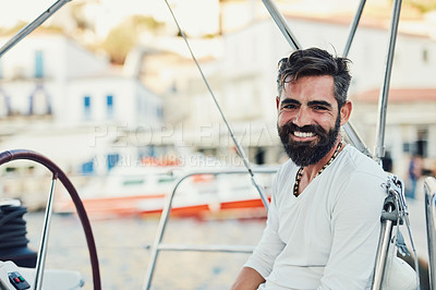 Buy stock photo Portrait, man and smile on yacht for travel, fun and adventure in ocean or sea on summer vacation. Male person, happiness and relax on boat for sailing, holiday and sports on water with joy in Monaco