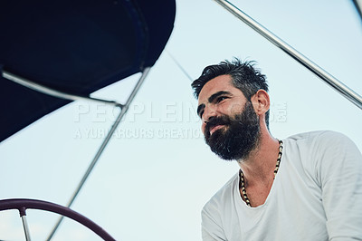 Buy stock photo Captain, man and smile on yacht for relax, fun and adventure in ocean or sea on summer vacation. Male person, happiness and luxury on boat for sailing, holiday and travel on water with joy in vessel