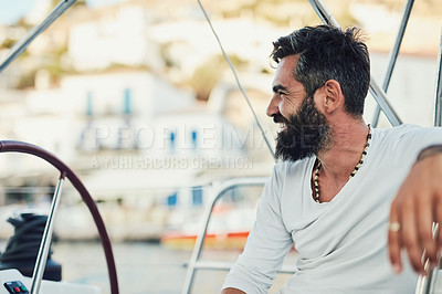 Buy stock photo Captain, man and smile on yacht for luxury, fun and adventure in ocean or sea on summer vacation. Male person, happiness and relax on boat for sailing, holiday and travel on water with joy in Monaco