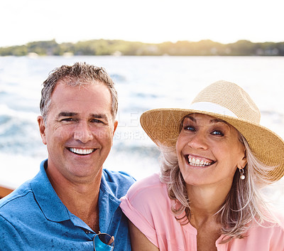 Buy stock photo Portrait, mature couple and boat on vacation for travel, sailing or adventure journey of ocean transport. Smile, people and relax on yacht together of holiday cruise, sea or tropical romance in Italy