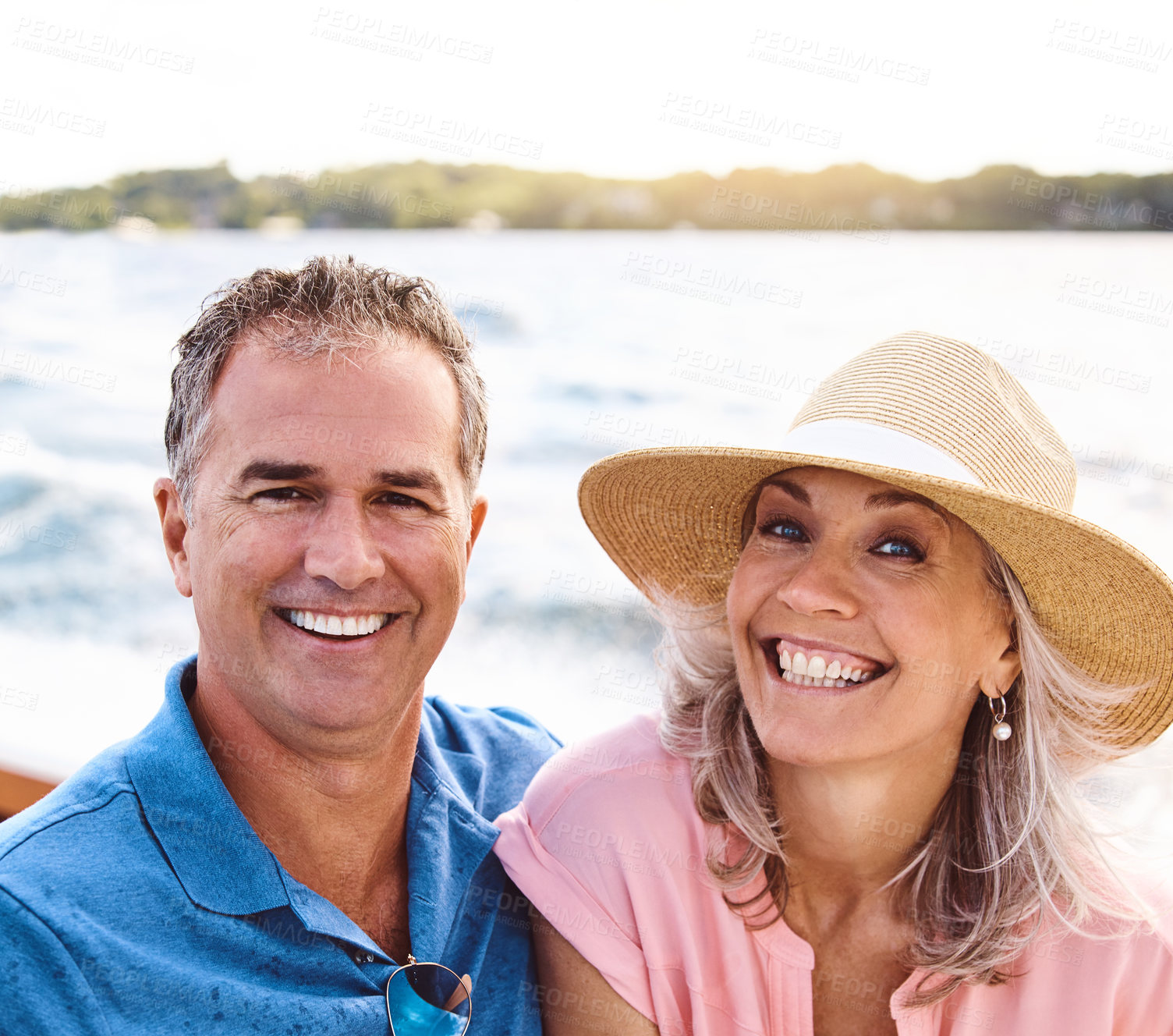 Buy stock photo Portrait, mature couple and boat on vacation for travel, sailing or adventure journey of ocean transport. Smile, people and relax on yacht together of holiday cruise, sea or tropical romance in Italy