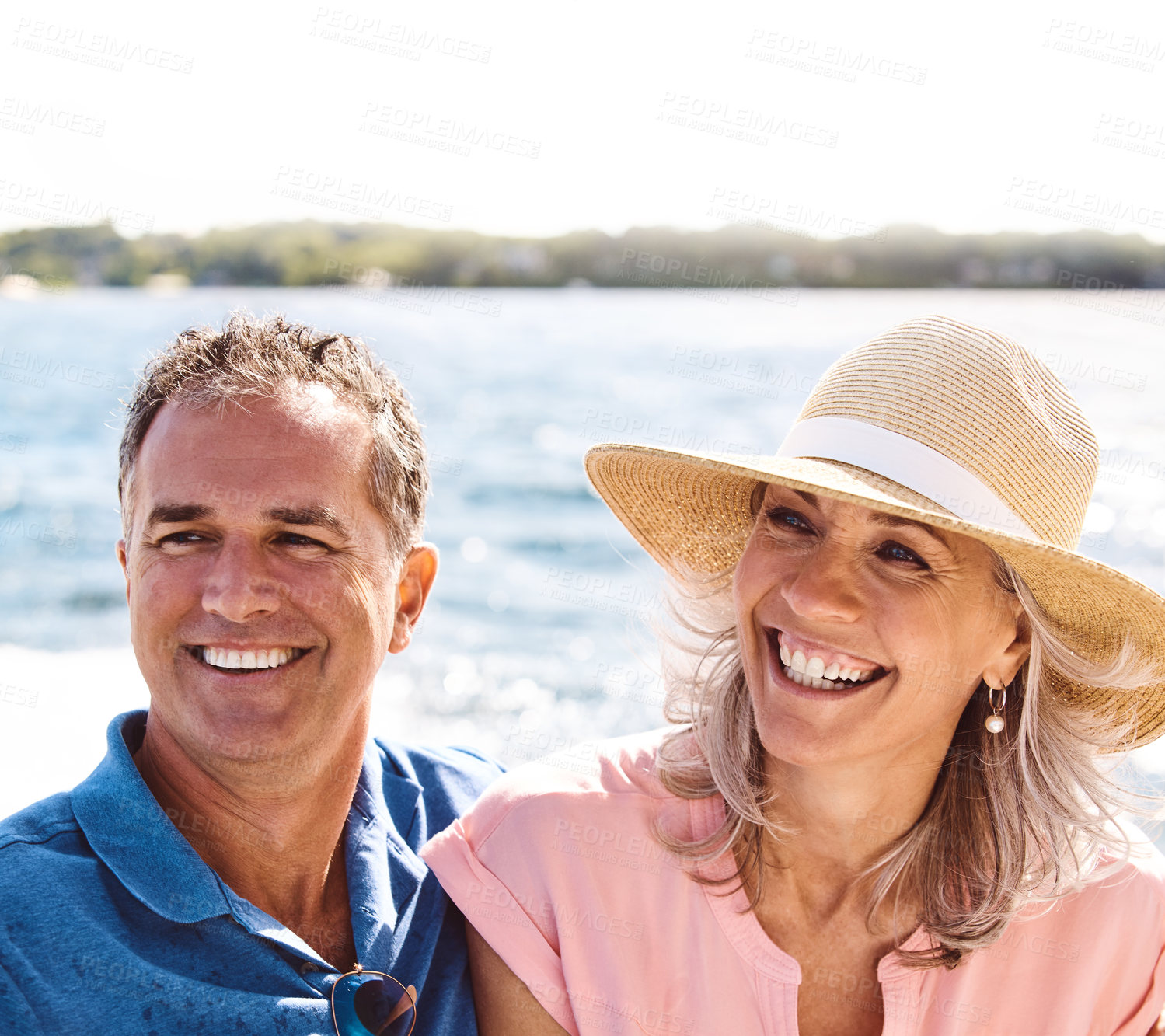 Buy stock photo Smile, mature couple and boat on vacation for travel, sailing and adventure journey on ocean transport. Happy, people and relax on yacht together of holiday cruise, sea and tropical romance in Italy
