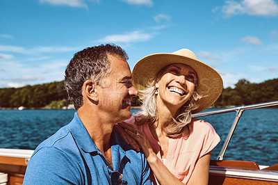 Buy stock photo Mature couple, retirement and yacht cruise for relax, bonding and holiday on ocean together with love. Man, woman and smile on luxury boat at sea for happy, vacation and romantic adventure in summer