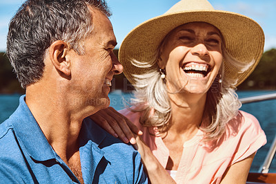 Buy stock photo Smile, mature couple and love on boat for vacation travel, sailing or adventure journey on ocean transport. Happy, man and woman relax on yacht cruise, anniversary celebration or care on outdoor date