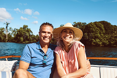 Buy stock photo Mature couple, portrait and yacht cruise for relax, bonding and holiday on ocean together in retirement. Man, woman and happy on luxury boat at sea for love, vacation or tropical adventure by island