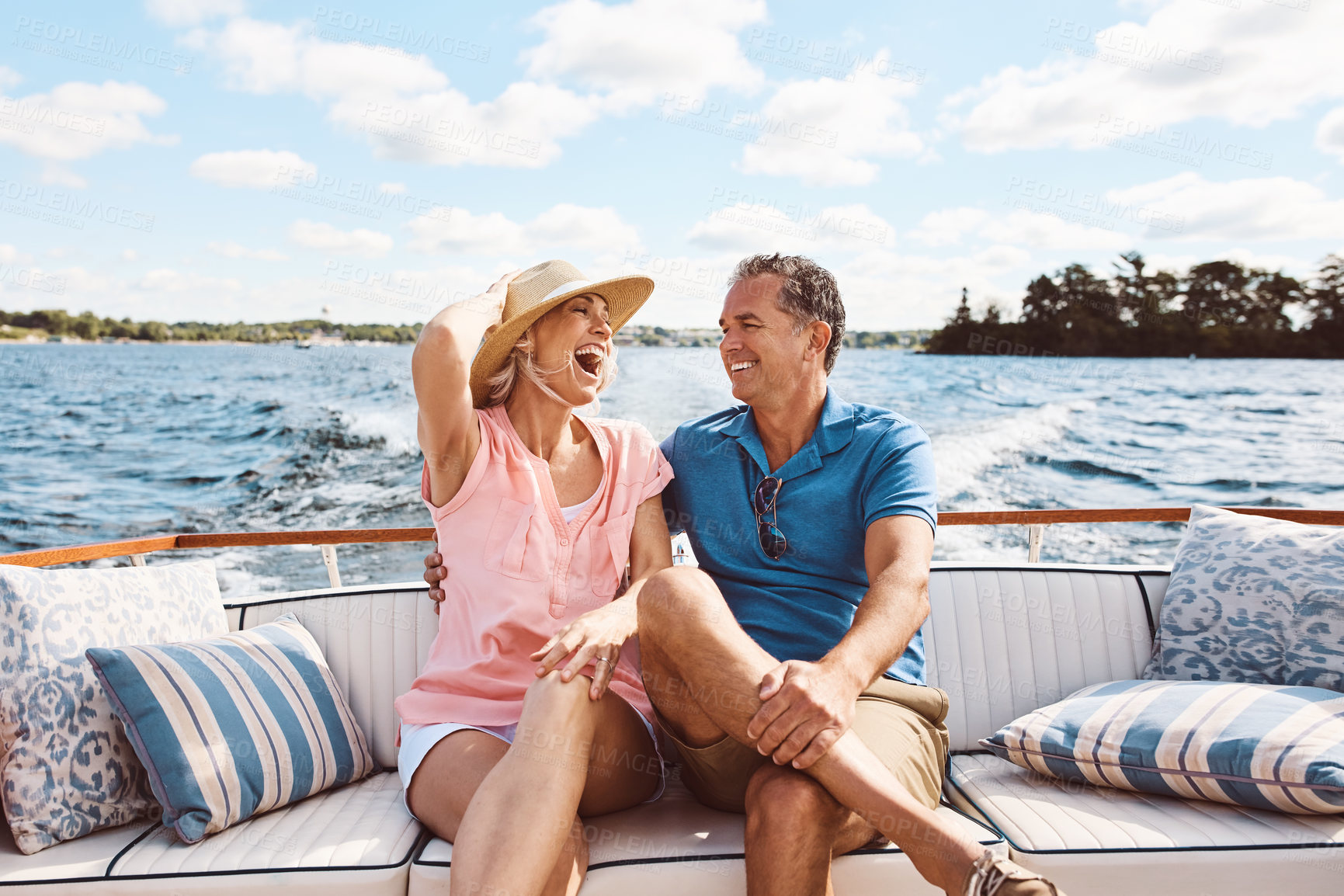 Buy stock photo Laughing, happy couple and on a boat for retirement travel, summer freedom and holiday in Bali. Smile, love and a senior man and woman on a yacht for vacation adventure, luxury and a cruise date