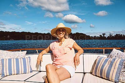 Buy stock photo Travel, freedom and portrait for mature woman on boat for sailing, adventure and summer vacation. Smile, journey and relaxing with tourist and happy on deck of yacht for tropical, cruise and holiday