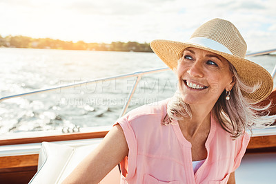 Buy stock photo Travel, adventure and happy with mature woman on boat for sailing, freedom and summer vacation. Smile, journey and excited with tourist and relaxing on deck of yacht for tropical, cruise and holiday