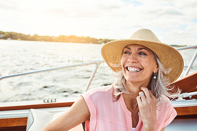 Buy stock photo Travel, vacation and smile with woman on boat for sailing, adventure and Miami summer. Happy, journey and retirement with mature tourist and luxury on deck of yacht for tropical, cruise and holiday