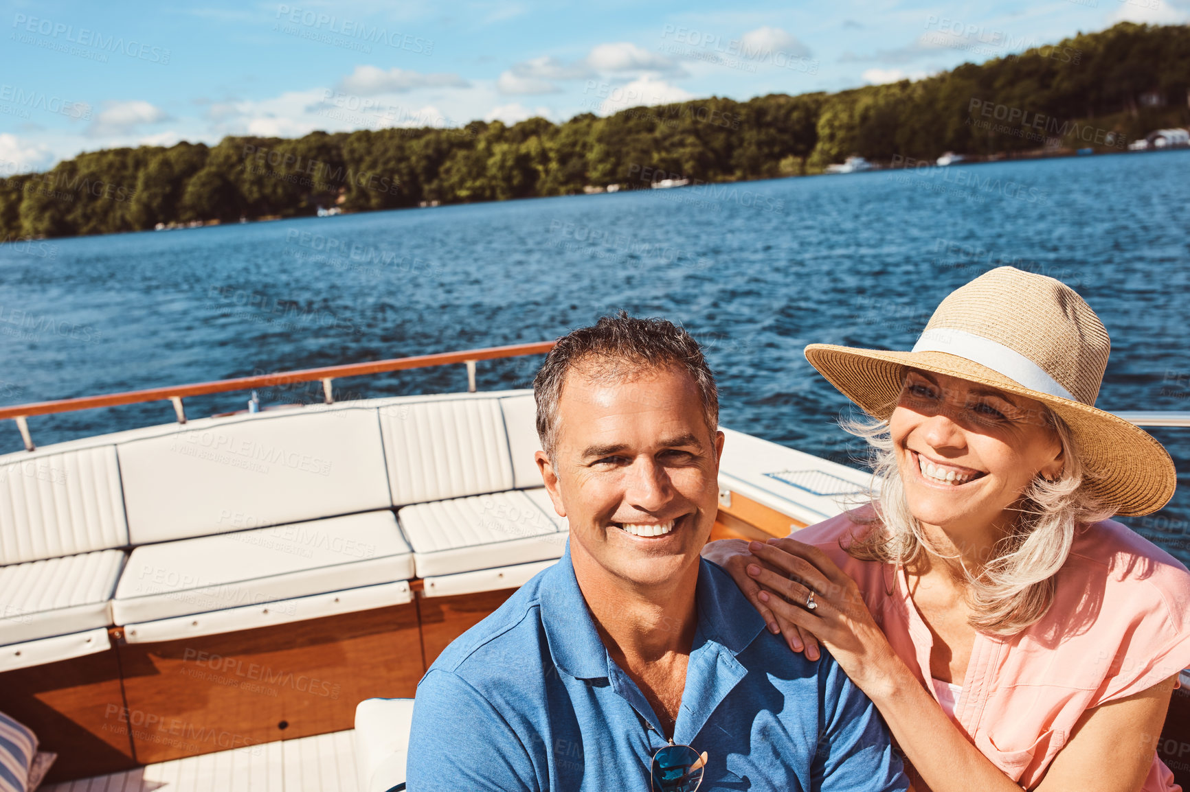 Buy stock photo Boat, happy and travel with mature couple at sea together for holiday, getaway or vacation for anniversary. Cruise, love or yacht with man and woman on water for bonding, romance or voyage date