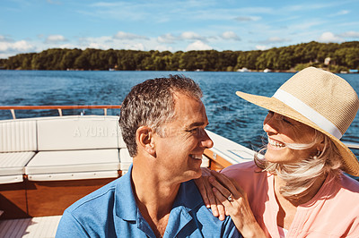 Buy stock photo Boat, outdoor or travel with happy couple at sea together for holiday, getaway or vacation for anniversary. Love, smile or yacht with mature man and woman on water for bonding, romance or voyage