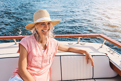 Buy stock photo Mature woman, boat and adventure travel with thinking for retirement, smile on water cruise for future plan. Female person, yacht or thoughtful for pension goal on summer vacation, happy in Bali