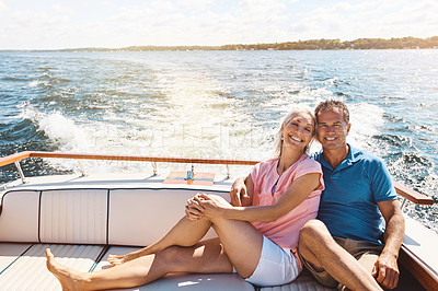 Buy stock photo Boat, portrait and travel with mature couple at sea together for holiday, getaway or vacation for anniversary. Cruise, ocean or yacht with happy man and woman on water for bonding, romance or voyage