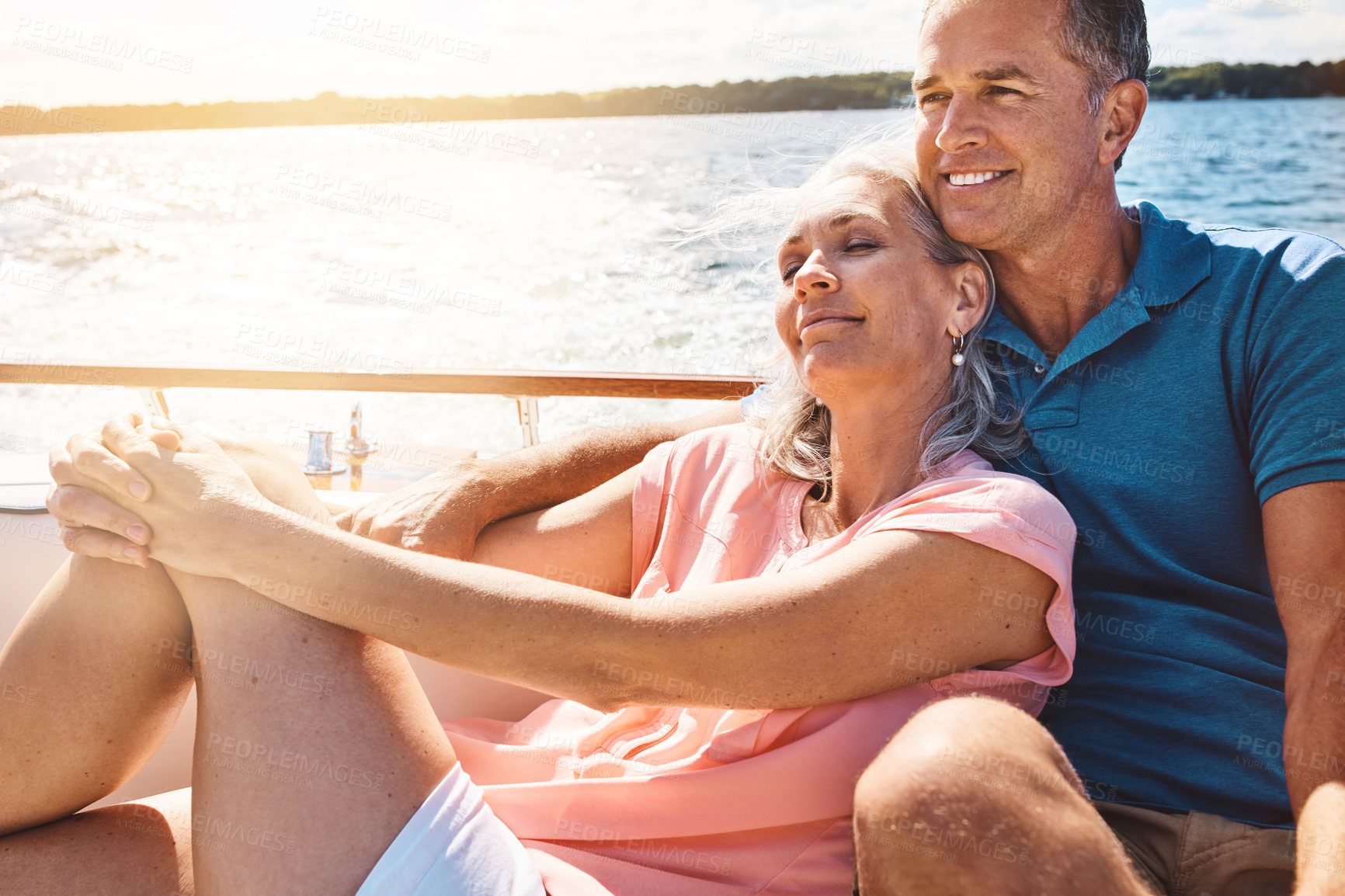 Buy stock photo Boat, peace and travel with mature couple at sea together for holiday, getaway or vacation for anniversary. Cruise, relax or smile with happy man and woman on yacht for bonding, romance or voyage