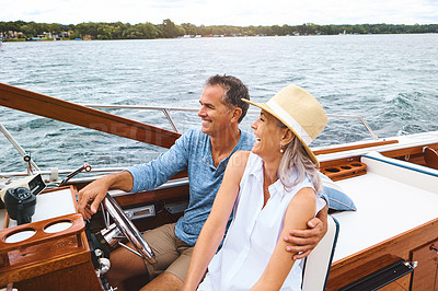 Buy stock photo Man, woman and ocean adventure or together in boat on holiday, relax on cruise date for retirement travel. Mature, happy couple and water yacht for vacation with happiness, outdoor summer in Bali