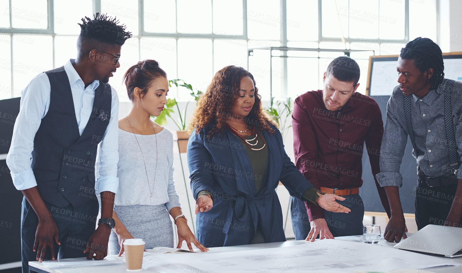 Buy stock photo Feedback, manager or people with blueprint in startup, property planning or infrastructure project tips. Discussion, developer or architect team with review for building schematic, solution or office