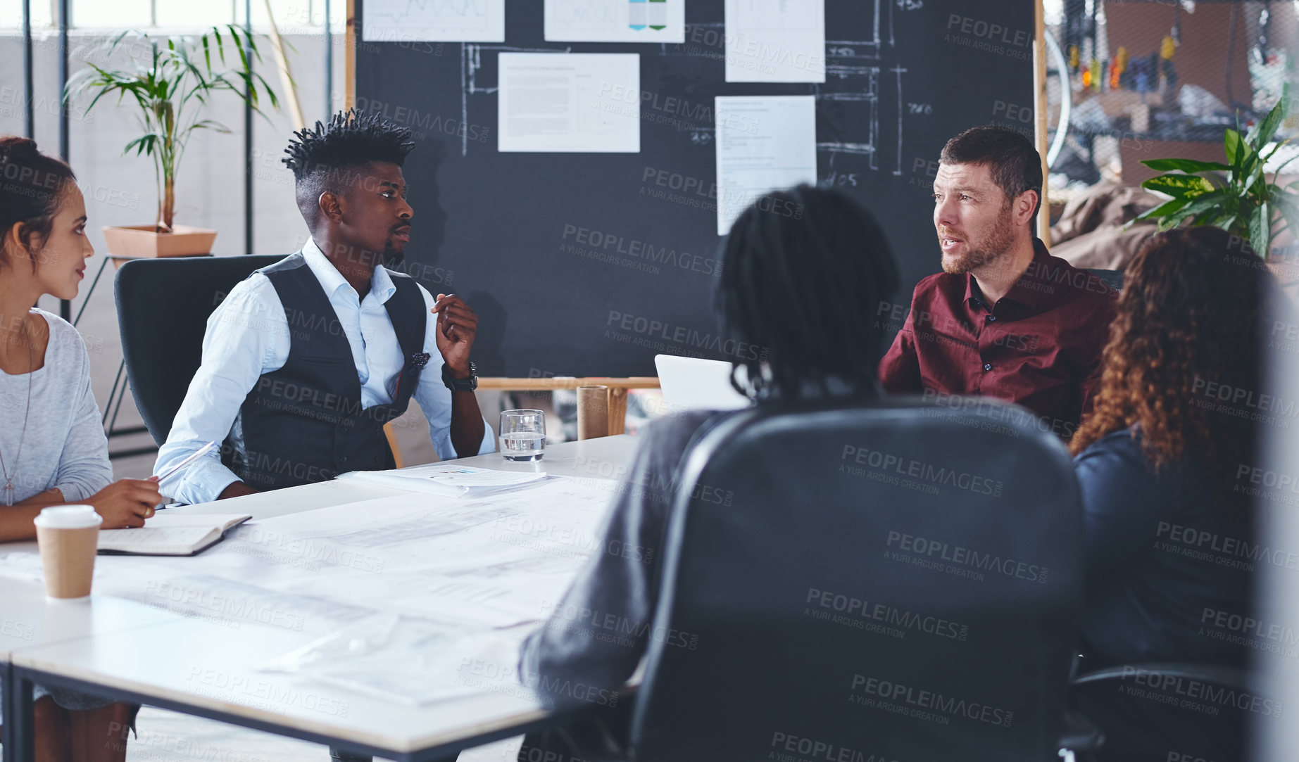 Buy stock photo Creative, meeting and people with laptop, teamwork or blueprint for property development and talking. Architecture, group and urban planning with tech for real estate, design and ideas for project