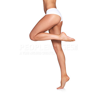 Buy stock photo Beauty, lingerie and hair removal with legs of woman and mockup for fitness, sexy and spa. Epilation, sport and waxing with girl in underwear isolated on white background for skincare, health or glow