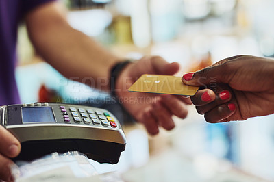 Buy stock photo Closeup, hands and payment with machine, credit card and transaction in a store, shopping and buying. Female customer, shopper or buyer with retail, sale and banking with service, profit and discount