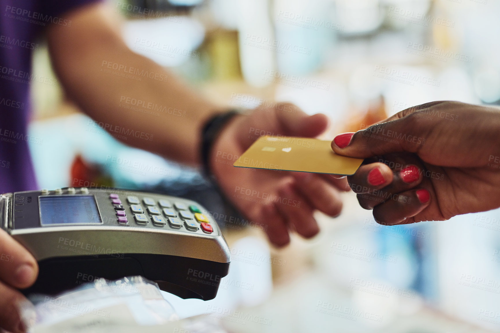 Buy stock photo Closeup, hands and payment with machine, credit card and transaction in a store, shopping and buying. Female customer, shopper or buyer with retail, sale and banking with service, profit and discount