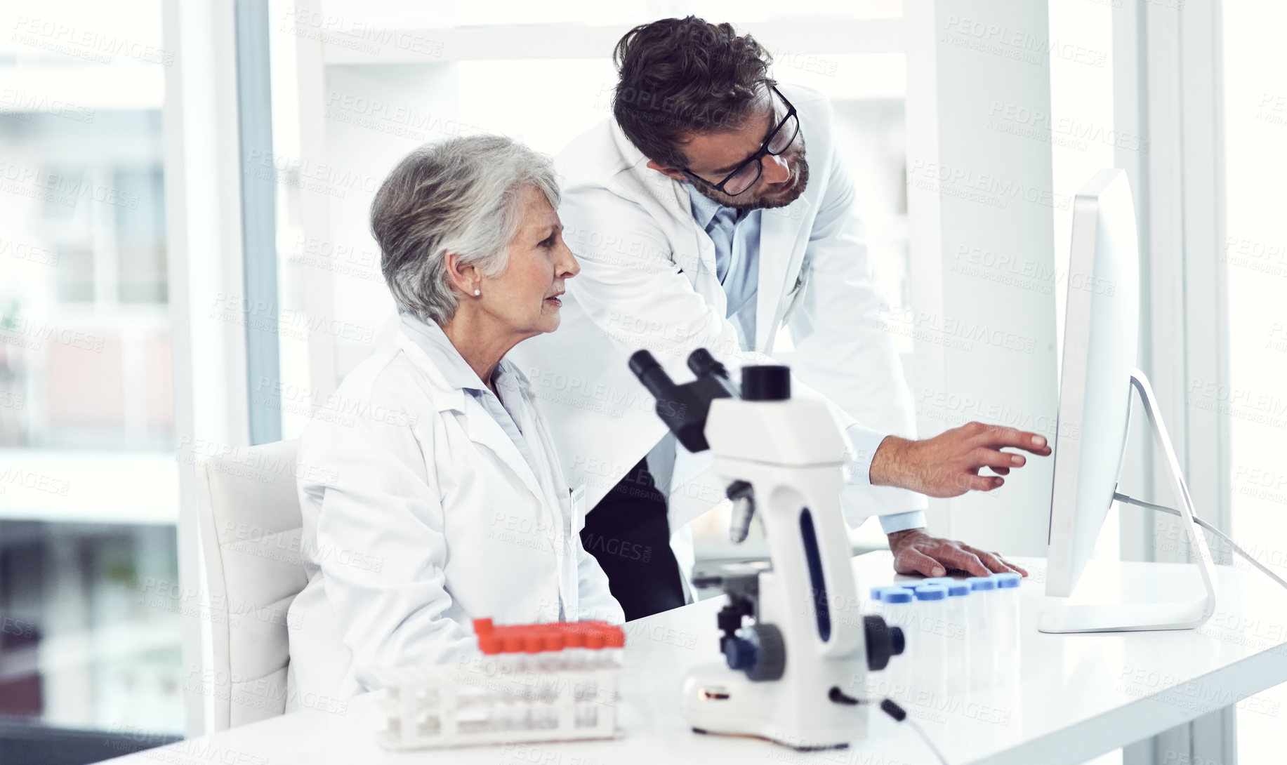 Buy stock photo Shot of two focused scientist working together on a computer inside of a laboratory