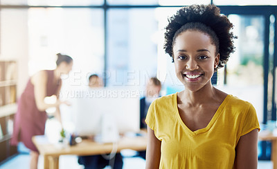 Buy stock photo Smiling, portrait and black woman in office for collaboration, proud and marketing research in workspace. Startup business, young creative and strategy planning for advertising, sales and ideas