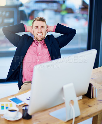 Buy stock photo Businessman, portrait and relax in office with hands behind his head for project, success or achievement. Male professional, calm and smile in workplace for productivity, deal or company growth