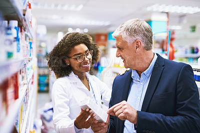 Buy stock photo Senior man shopping, medicine or pharmacist in pharmacy for retail healthcare info, pills or advice. Black woman or doctor helping a mature customer with prescription medication or medical drugs 