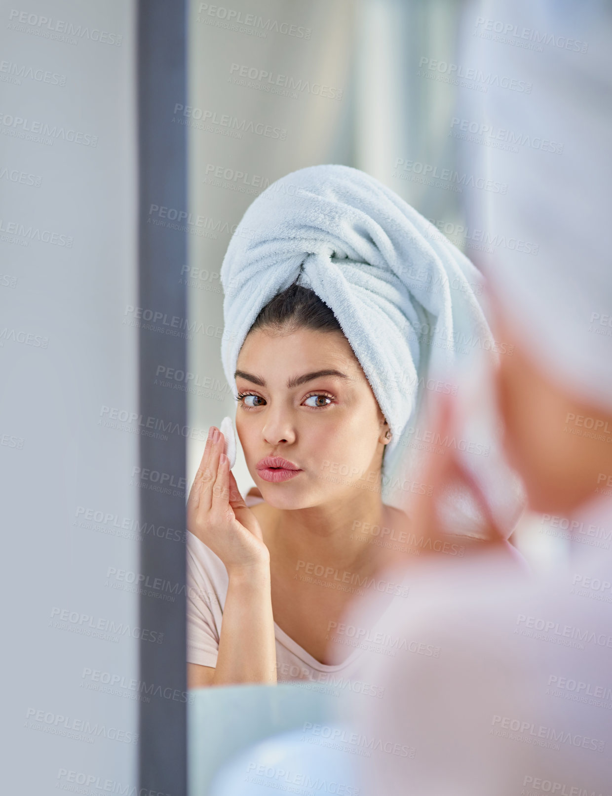 Buy stock photo Cotton, mirror or girl in house with beauty, glow or smile for wellness or cleaning in bathroom. Face, towel or woman with confidence, cosmetics results or facial skincare with makeup removal pad