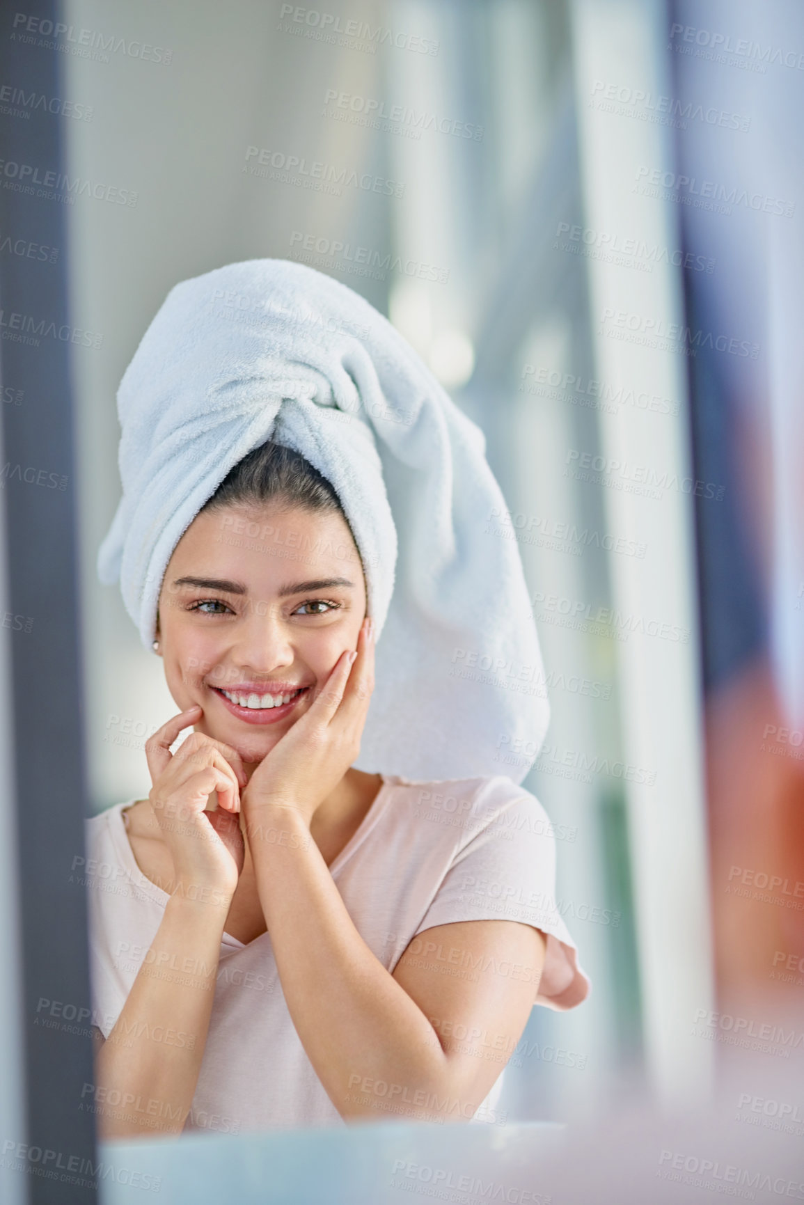 Buy stock photo Portrait, skincare and grooming of woman, mirror and proud with shine, soft and pride for wellness. Bathroom, confident and reflection of person, happy and treatment of dermatology, towel and home