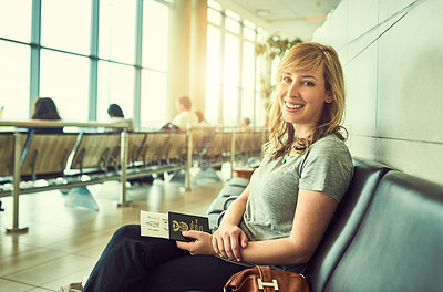 Buy stock photo Travel, portrait and woman in waiting room of airport, smile and passport for journey to Florida for holiday. Vacation, lobby and girl with documents and moving for business and international