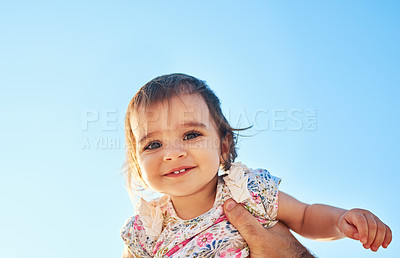 Buy stock photo Happy, blue sky and portrait of child in air for relaxing, playing and fun on weekend. Youth, childhood and face of young girl with parent for bonding, holiday and vacation outdoors with smile