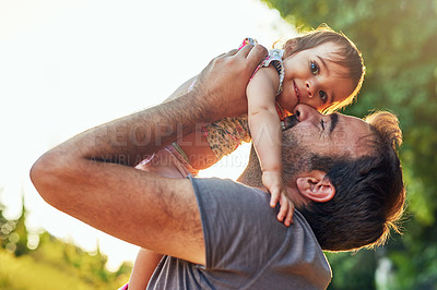 Buy stock photo Girl, baby and lift with dad in park, garden and portrait with support, care and balance for development in summer. Child, toddler and father with love, growth and happy with sunshine in Germany