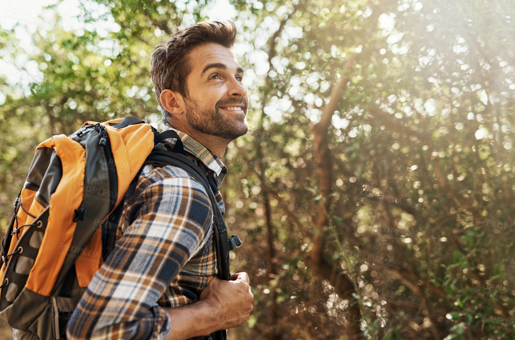 Buy stock photo Hike, nature and man with smile, backpack and vacation with journey, travel and exercise. Lens flare, outdoor and hiker in forest, happy and wellness with fitness, healthy and adventure with holiday