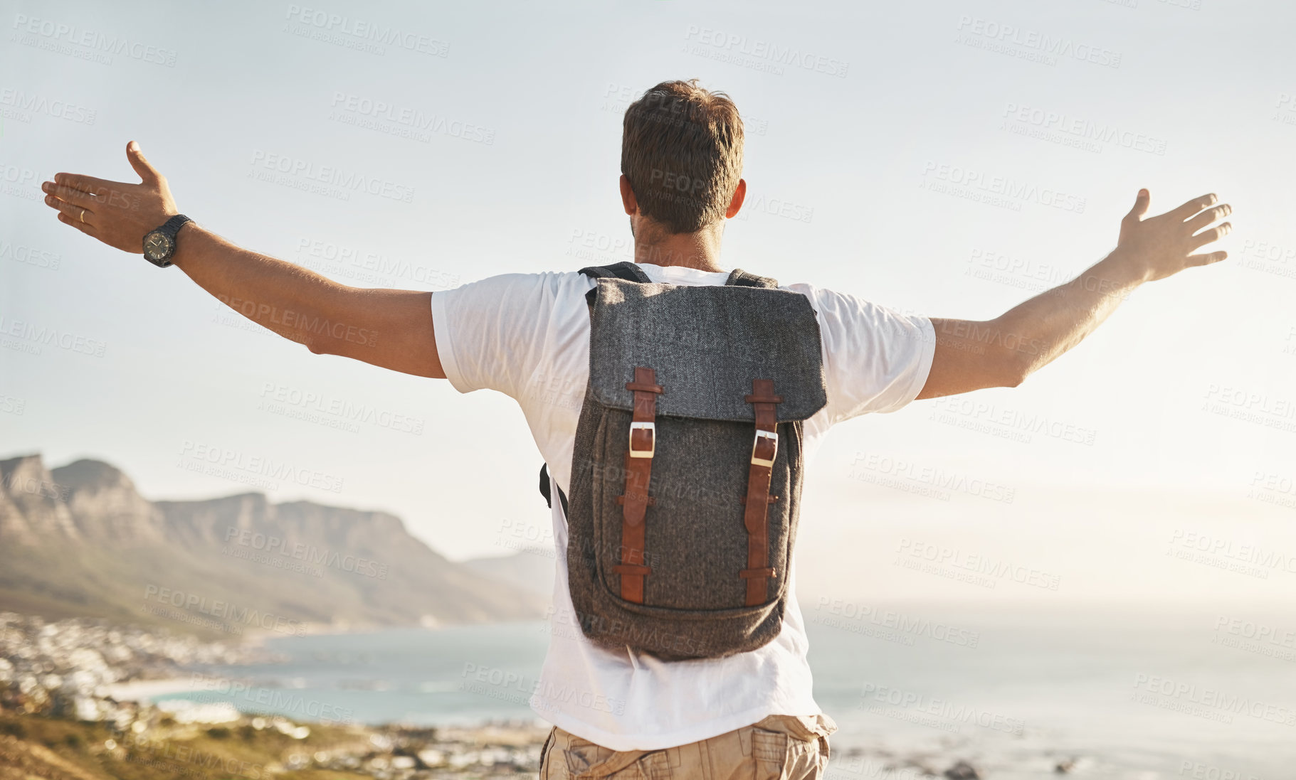 Buy stock photo Back, travel and man with celebration for hiking, outdoor fitness and goal for destination by scenery. Hiker, male person and freedom with hand gesture for achievement, trail success and adventure