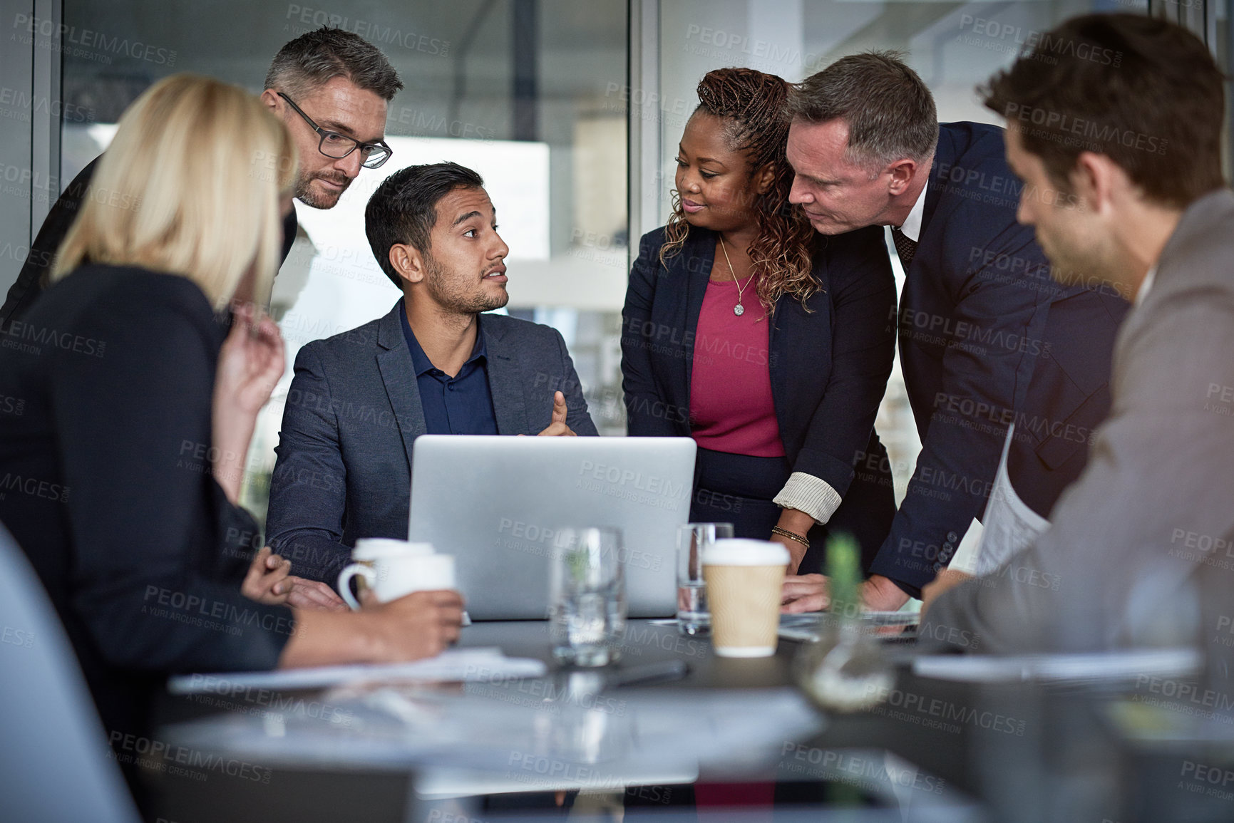 Buy stock photo Business people, partnership or laptop in meeting for teamwork, solution and collaboration in office. Directors, talking or executives in discussion for feedback, planning or project in corporate