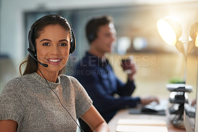 Buy stock photo Call center, happy and portrait of woman at computer for customer service, help desk and consulting. Smile, night and ecommerce with employee in office for contact us, telemarketing and receptionist