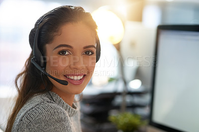 Buy stock photo Call center, smile or portrait of happy woman at computer for customer service, help desk or consulting. CRM, mockup or ecommerce consultant in office for contact us, telemarketing or receptionist