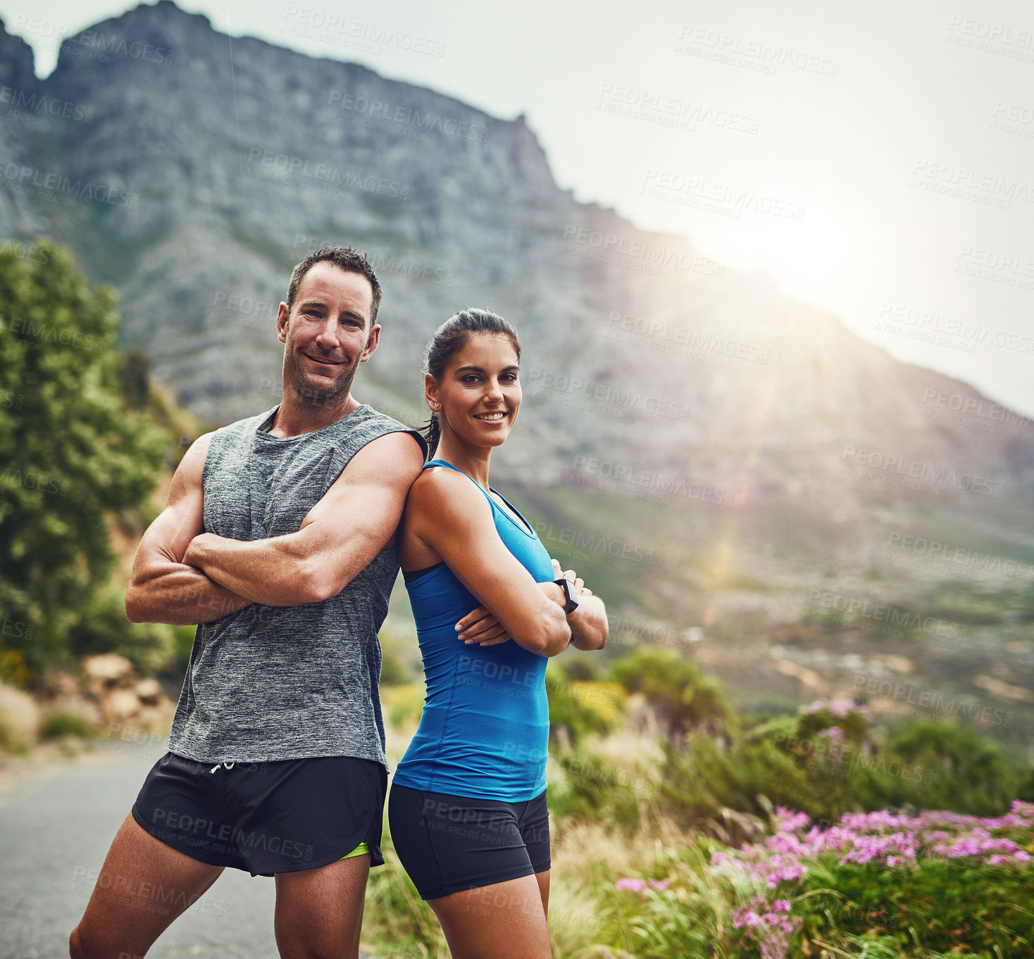 Buy stock photo Portrait, exercise and couple with teamwork, workout and nature with sunshine, bonding together and support. Face, energy and man with woman, arms crossed and fitness with training, hobby or wellness