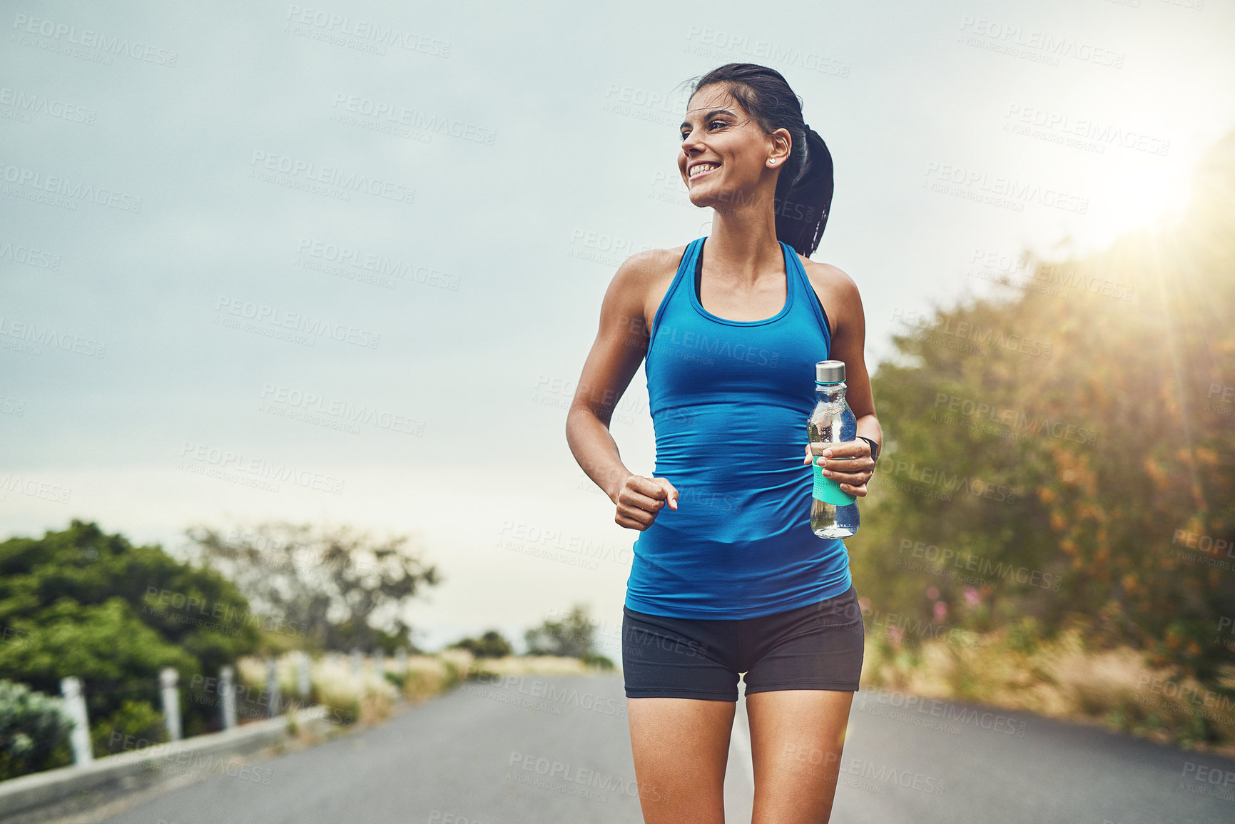 Buy stock photo Thinking, runner or happy woman drinking water on break to hydrate or relax for healthy energy in exercise. Fitness, smile and thirsty athlete with liquid or hydration in marathon training or workout