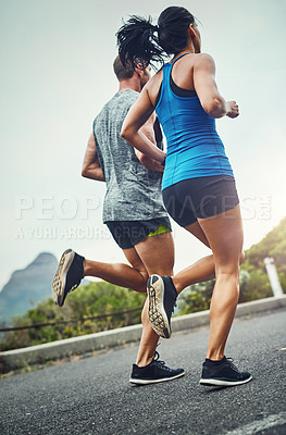 Buy stock photo Couple, people and running for fitness, workout and exercise for health in Brazil. Relationship, support and outdoor with routine or activity for wellbeing, wellness and self care in road with trust