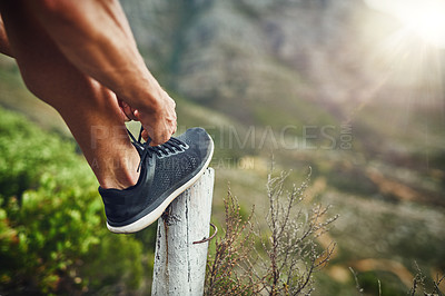 Buy stock photo Person, outside and fitness or tying shoes, wellness exercise and cardio sport with runner in nature. Workout, preparation and sneaker laces for safe training, trainers and footwear with athlete