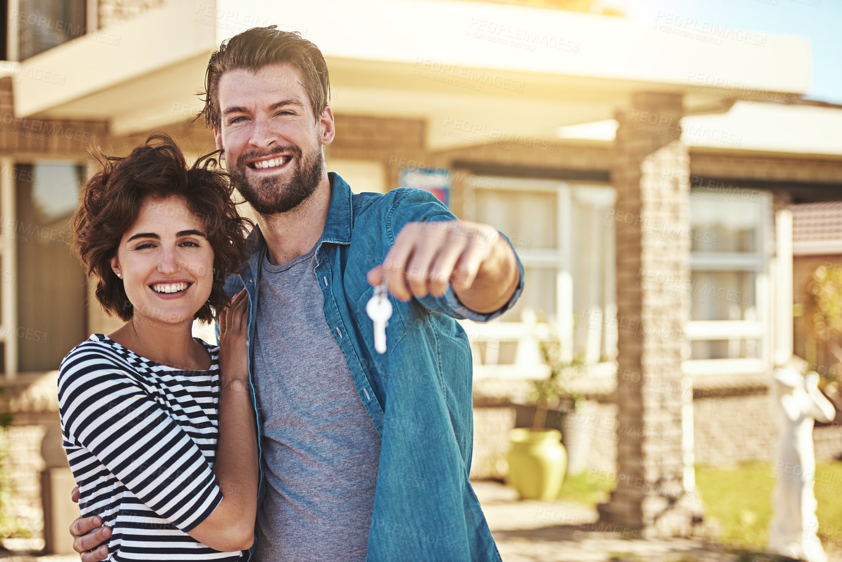 Buy stock photo Keys, new home and portrait of a couple outdoor at a real estate property with pride for buying a house. Happy woman and a excited man moving in together with mortgage and housing loan goal or dream