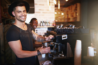 Buy stock photo Happy, coffee shop and portrait of barista in cafe ready for serving caffeine, drinks and beverage in small business. Restaurant, hospitality and confident man by counter for service, help or welcome