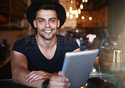 Buy stock photo Online, coffee shop and portrait of man with tablet for small business, stock inventory and store website. Restaurant, hospitality and waiter by counter on digital tech for orders, help and inventory