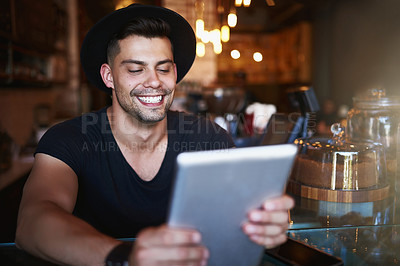 Buy stock photo Cafe, tablet or happy man server with inventory, stock or website menu, update or idea. Restaurant, planning or manager with digital, checklist or hotel bakery, customer experience or survey review